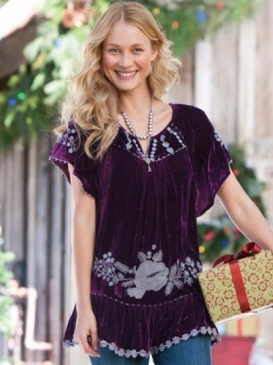 Sundance Tops - Sundance Plum Velvet & Silk Blend Embroidered Tunic
